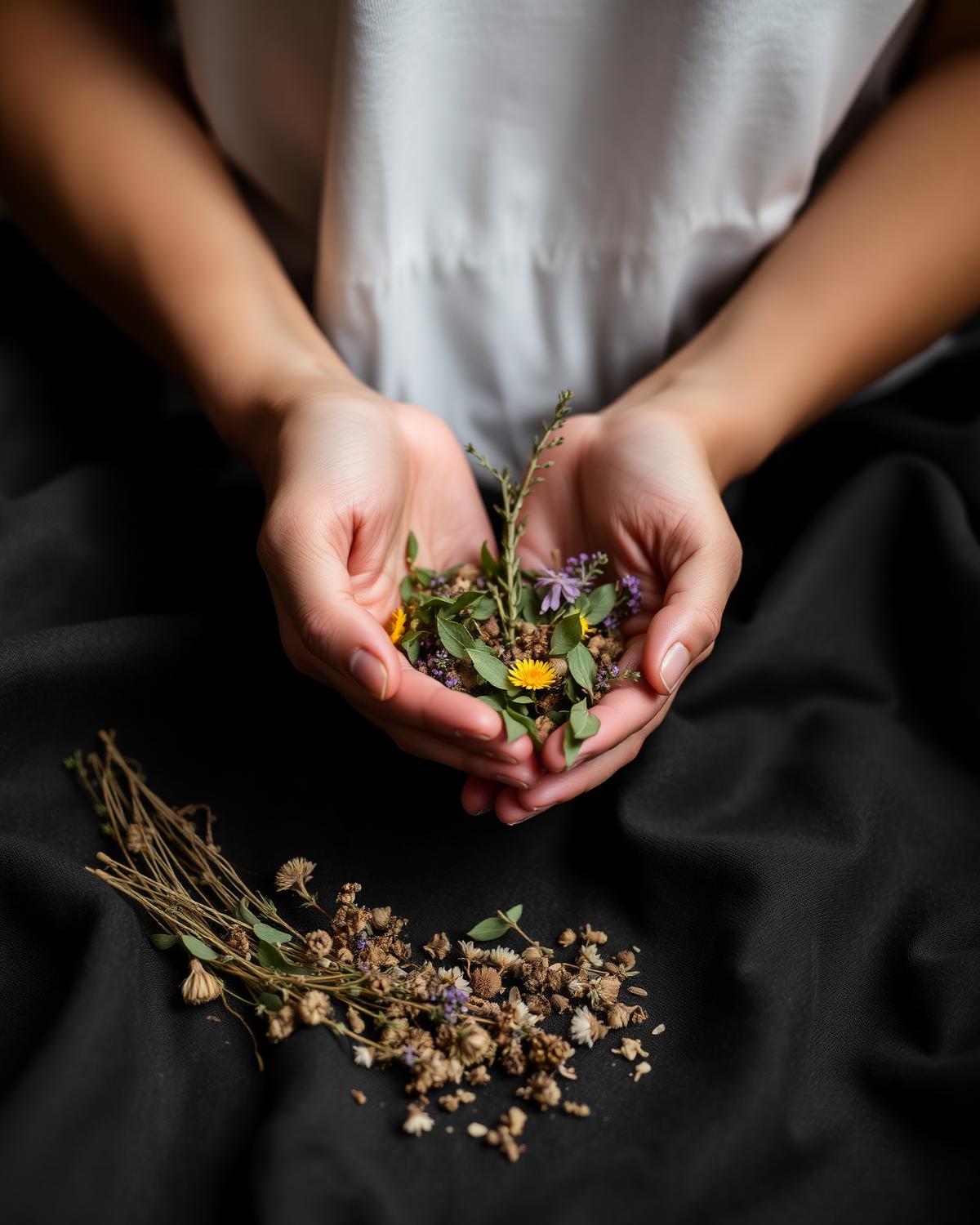 Mãos com ervas medicinais